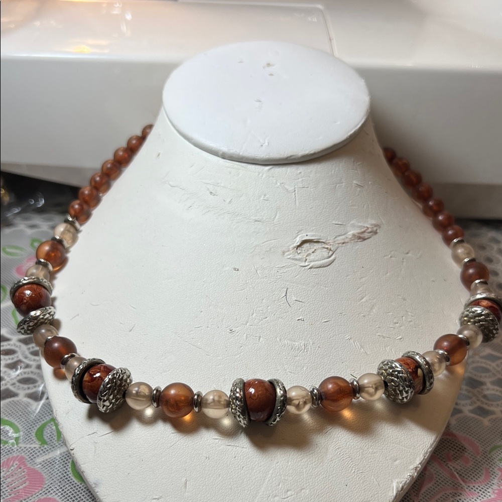 Elegant Silver and Brown Beaded Necklace